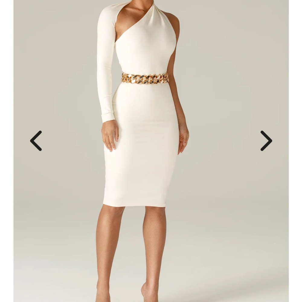 Cream One-Shoulder Long Sleeve Sheath Dress
